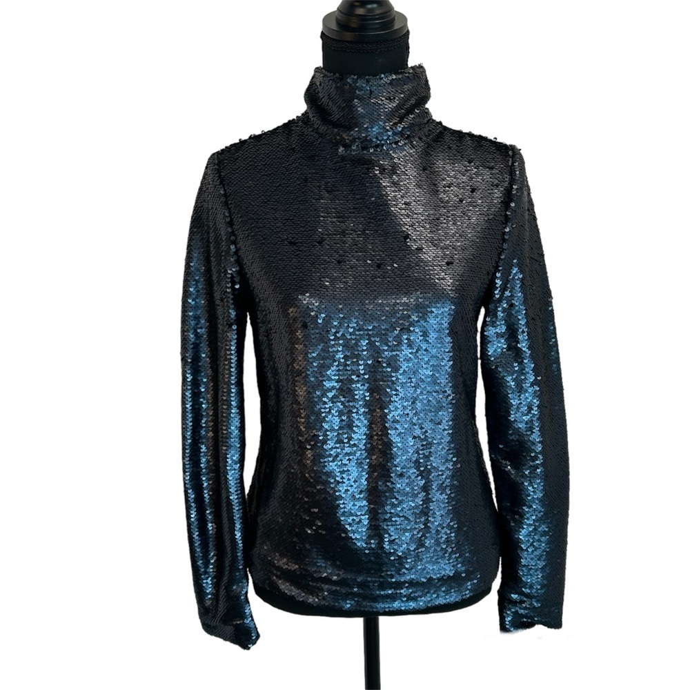 SIMONS Icone Matte blue Sequin high neck long sleeve top Sz S